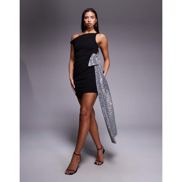 ASOS DESIGN crepe twisted off the shoulder mini dress with silver