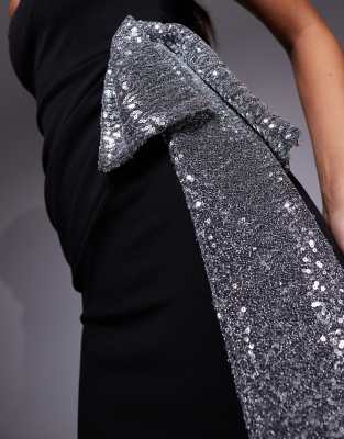 Asos Design Crepe Twisted Off The Shoulder Mini Dress With Silver Sequined Bow Side Detail In Multi