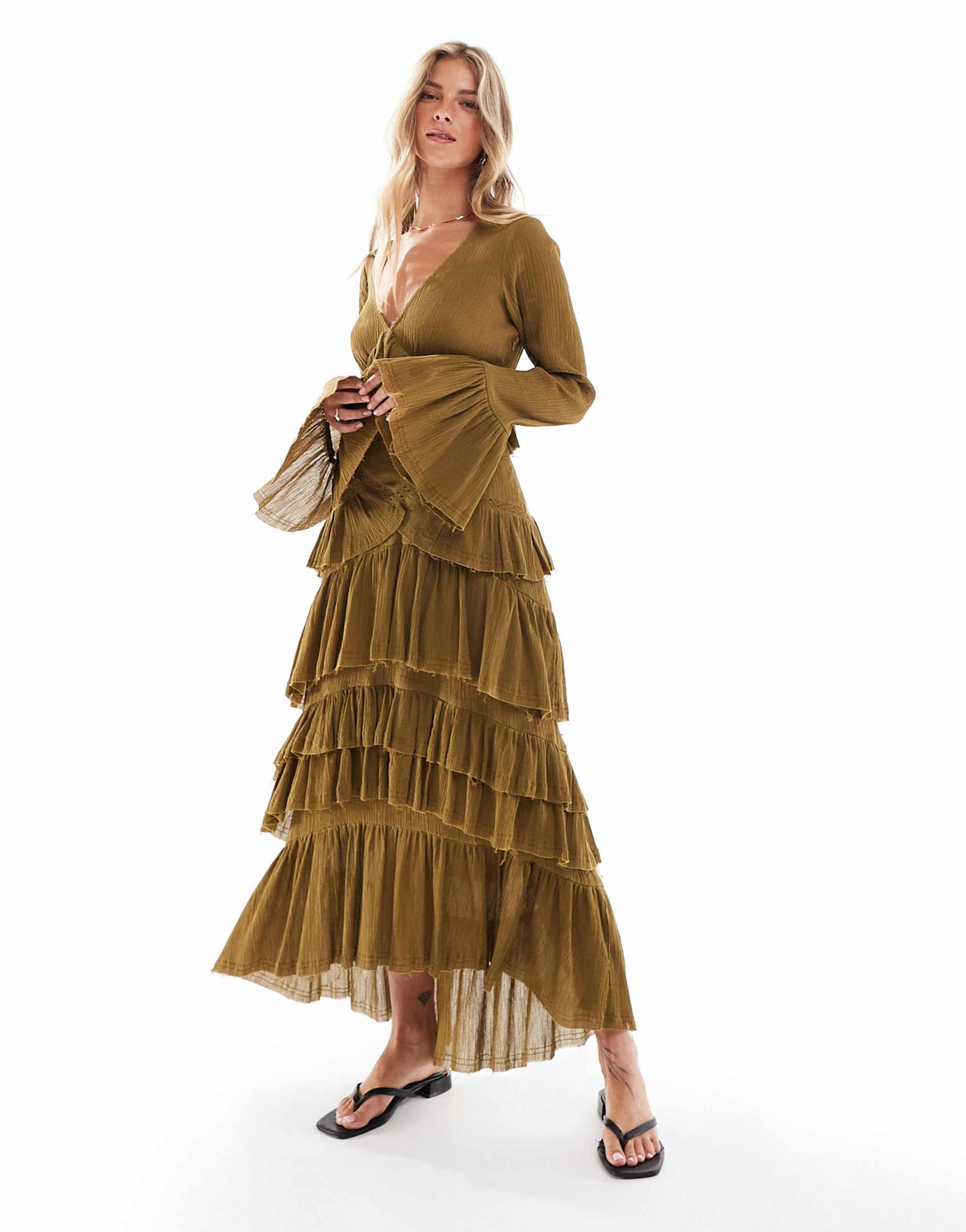 asos design crepe v-neck maxi dress with tiered skirt and lace detail in olive