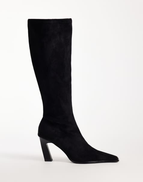 ASOS DESIGN Crescent two tone heeled knee boots in black pu and black suedette - view 1