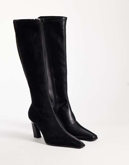 ASOS DESIGN Crescent two tone heeled knee boots in black pu and black suedette, 2 of 4