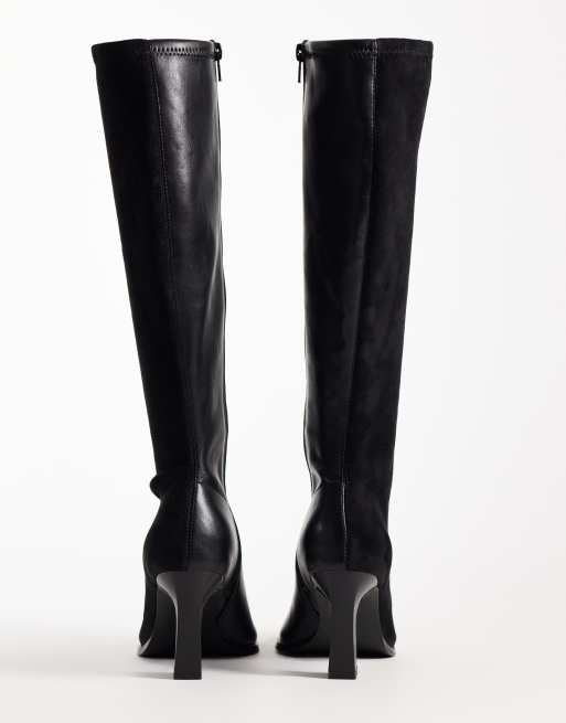 ASOS DESIGN Crescent two tone heeled knee boots in black pu and black suedette, 4 of 4