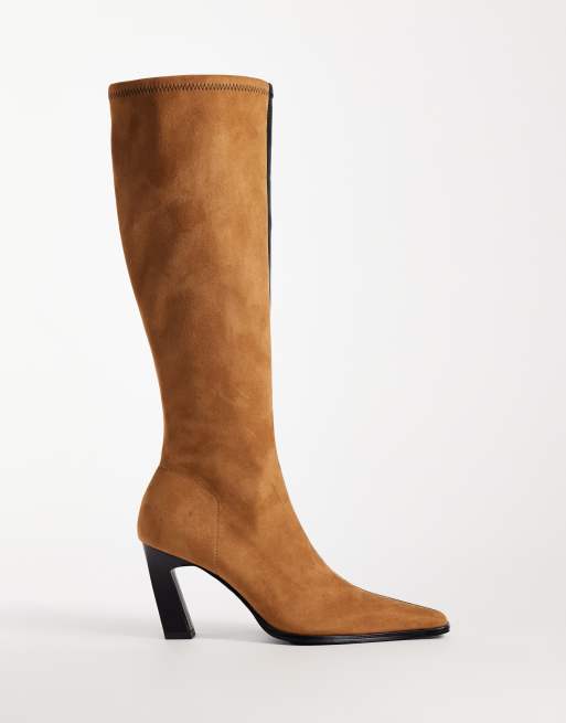ASOS DESIGN Crescent two tone heeled knee boots in tan and black, 2 of 4