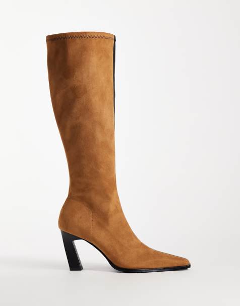 ASOS DESIGN Crescent two tone heeled knee boots in tan and choc - view 1