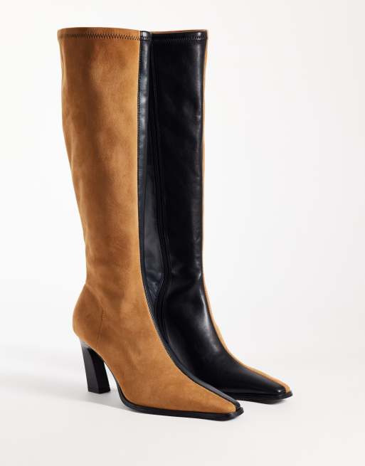 ASOS DESIGN Crescent two tone heeled knee boots in tan and choc, 2 of 4