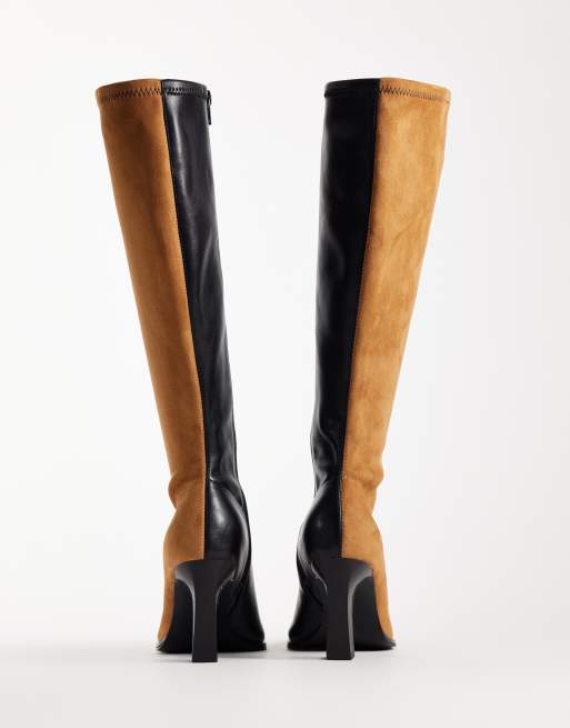 ASOS DESIGN Crescent two tone heeled knee boots in tan and choc, 4 of 4