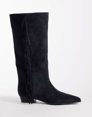 ASOS DESIGN Cressida pull on fringe flat knee boots in dark charcoal