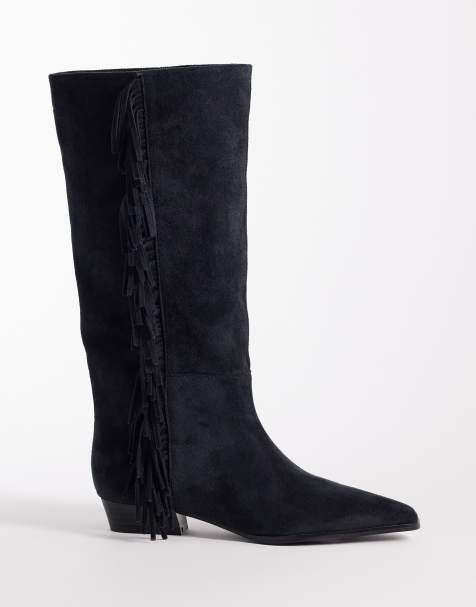 ASOS DESIGN Cressida pull on fringe flat knee boots in dark charcoal - view 1