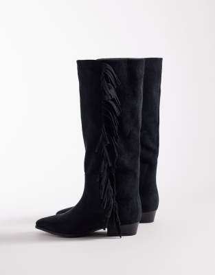 Asos Design Cressida Pull On Fringe Flat Knee Boots In Black