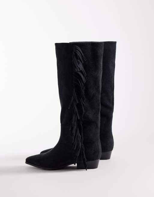 ASOS DESIGN - Cressida - Stivali al ginocchio bassi antracite scuro con frange, 2 di 4