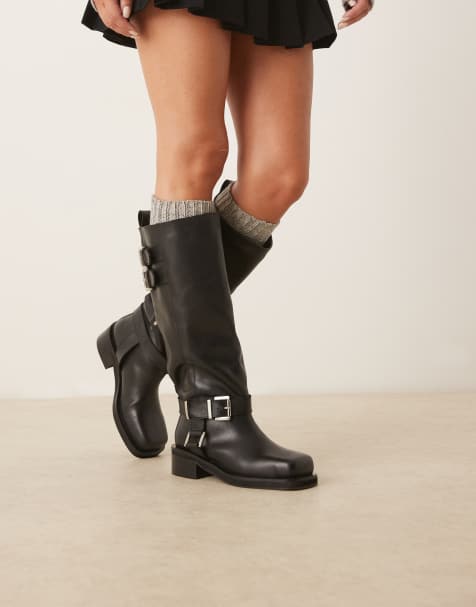 ASOS DESIGN Crest leather harness biker knee boots in black - view 1