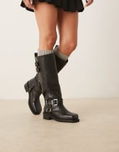 ASOS DESIGN Cynthia leather trucker pull-on boots in black nubuck