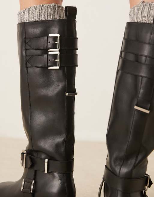 ASOS DESIGN - Crest - Stivali biker al ginocchio in pelle neri con dettagli stile imbracatura, 3 di 4