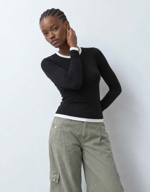 ASOS DESIGN crew long sleeve double layer slinky top in black and white, 7 of 8