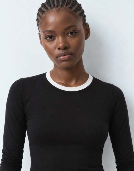 ASOS DESIGN crew long sleeve double layer slinky top in black and white, 8 of 8