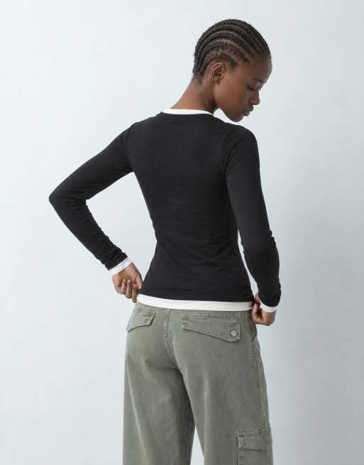 ASOS DESIGN crew long sleeve double layer top in black and white, 5 of 8