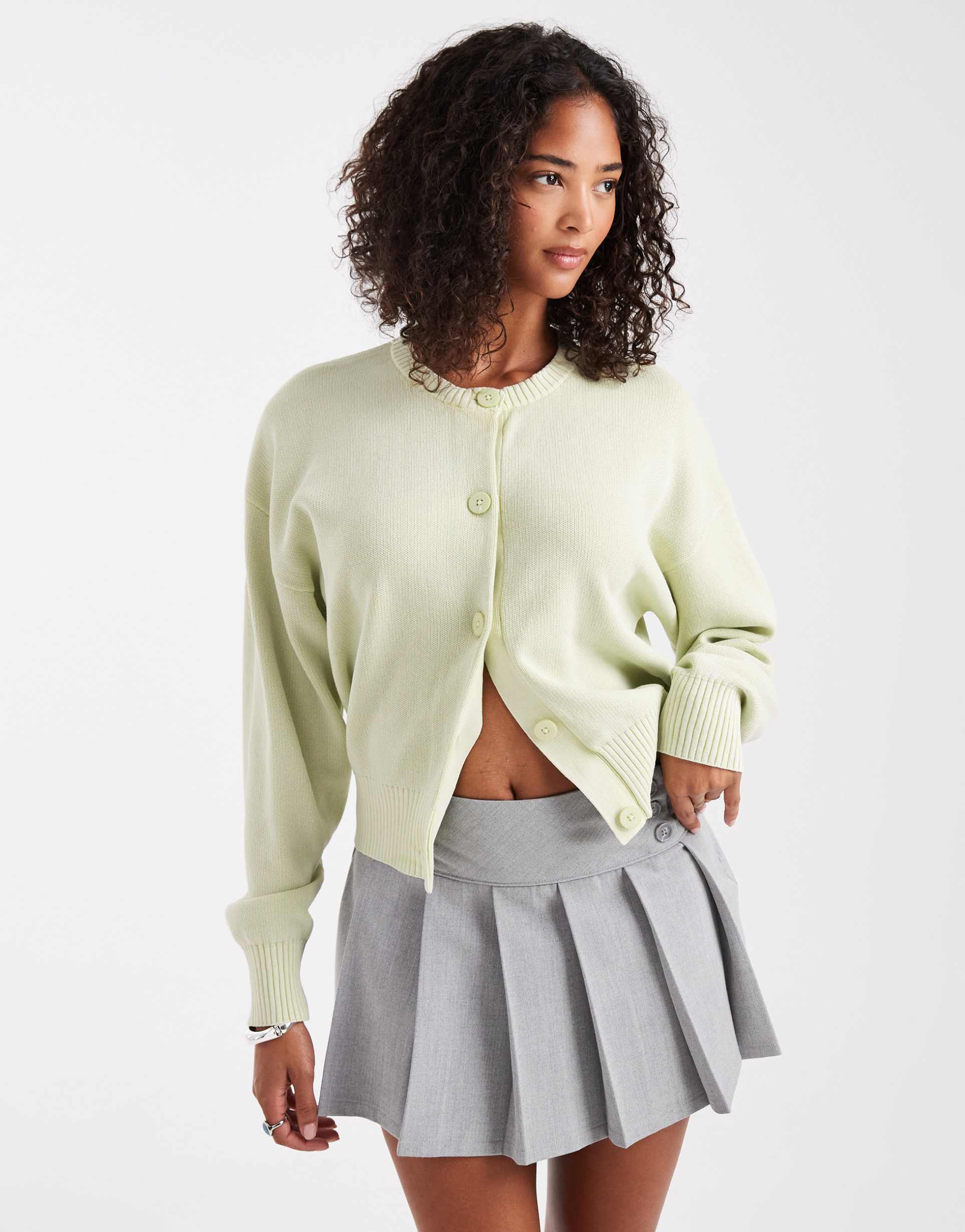 asos design crew neck acid washed cardigan in sage
