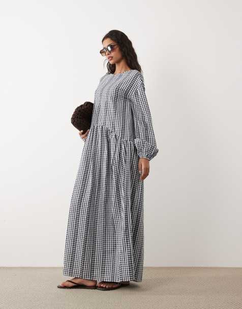 ASOS DESIGN crew neck arched waist smock maxi dress in gingham - view 1