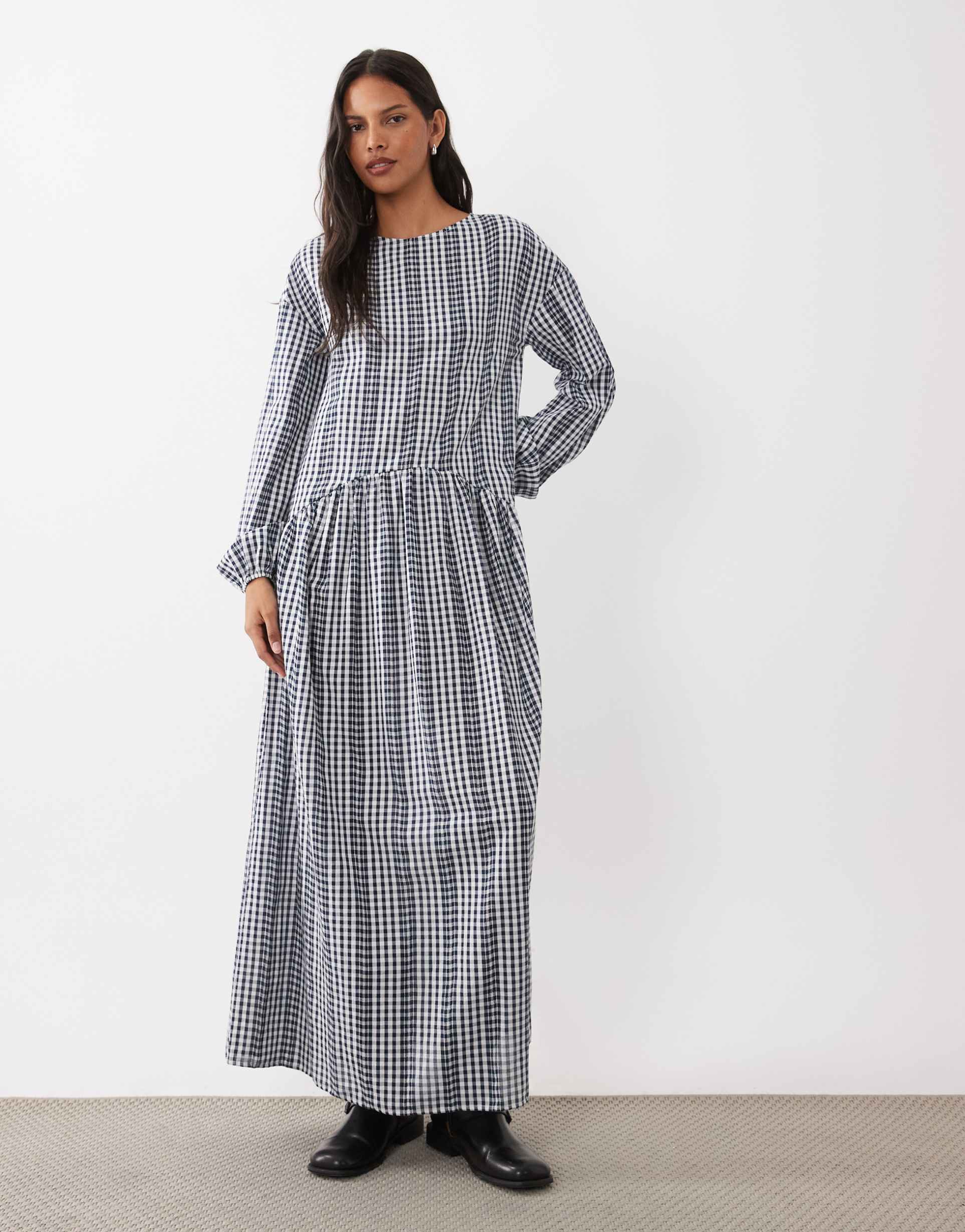 asos design crew neck arched waist smock maxi dress in gingham