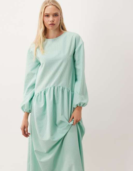 ASOS DESIGN crew neck arched waist smock maxi dress in green stripe, 2 of 4