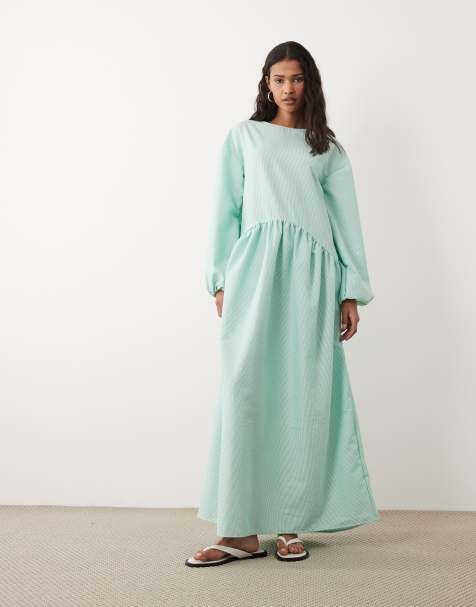 ASOS DESIGN crew neck arched waist smock maxi dress in green stripes - view 1