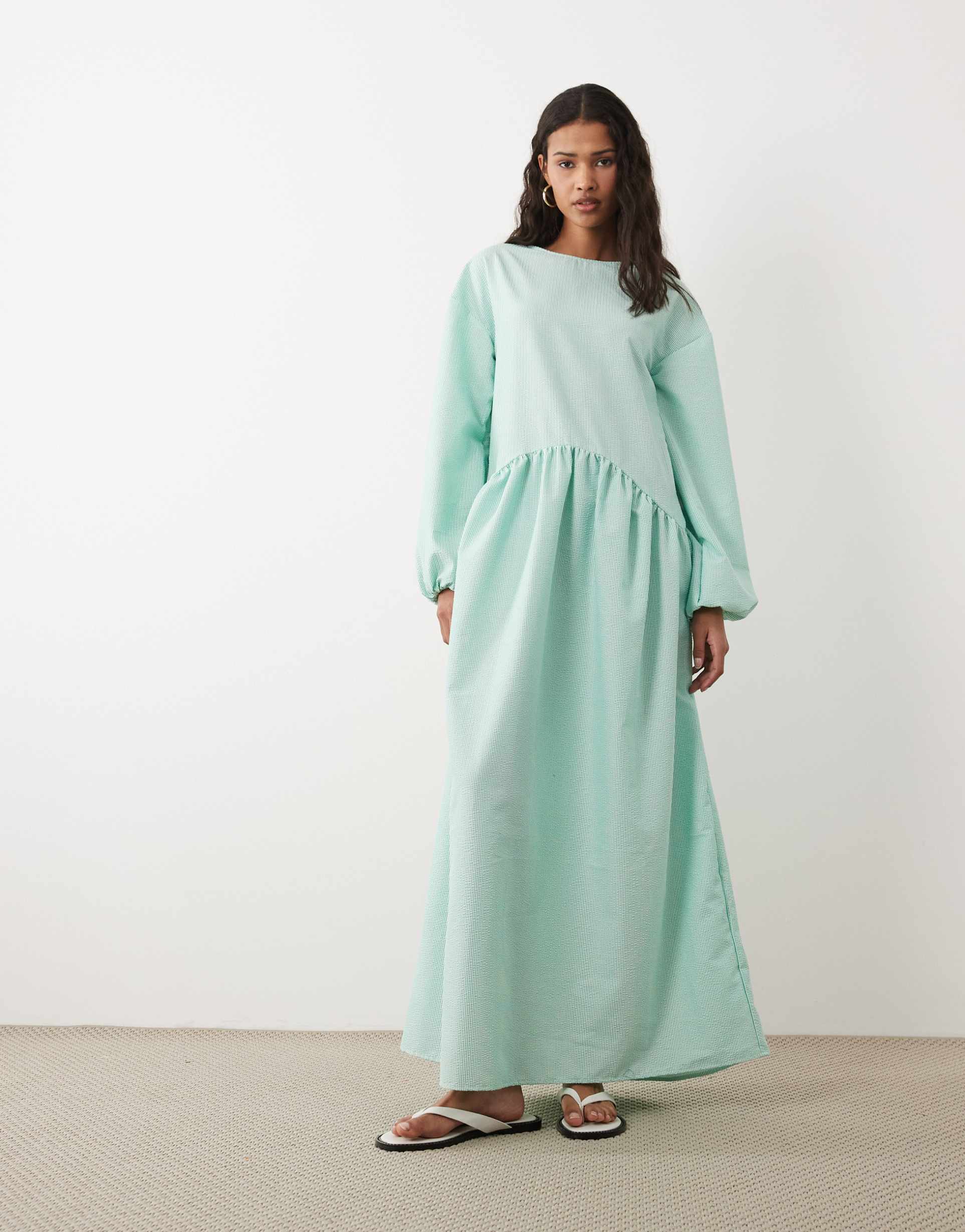 asos design crew neck arched waist smock maxi dress in green stripes