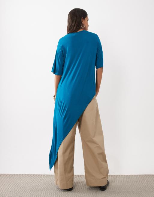 ASOS DESIGN crew neck asymmetric ruffle hem top in teal, 4 of 4