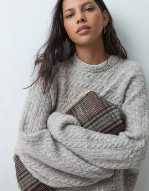 ASOS DESIGN crew neck batwing horizontal cable jumper in oatmeal - view 1