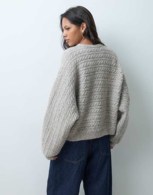 ASOS DESIGN crew neck batwing horizontal cable jumper in oatmeal, 3 of 5