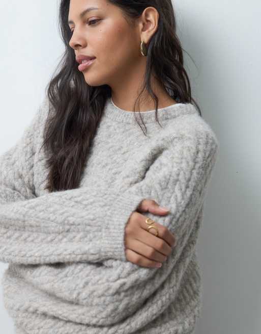 ASOS DESIGN crew neck batwing horizontal cable jumper in oatmeal, 5 of 5