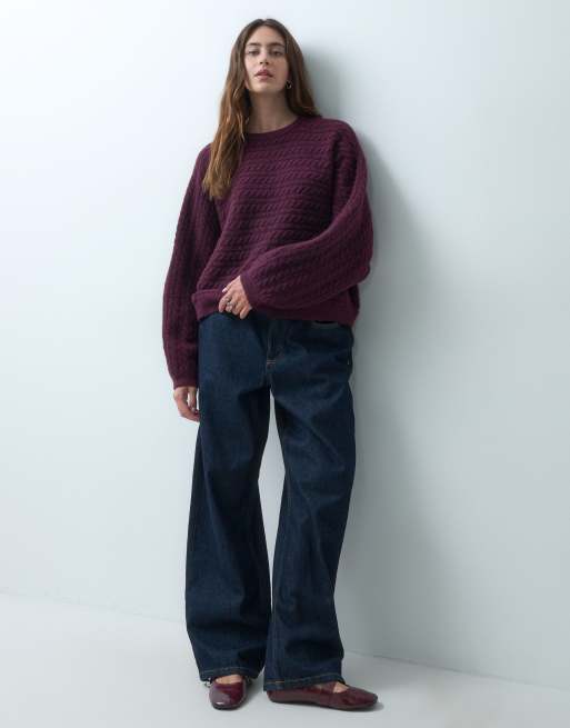 ASOS DESIGN crew neck batwing horizontal cable jumper in plum, 2 of 4