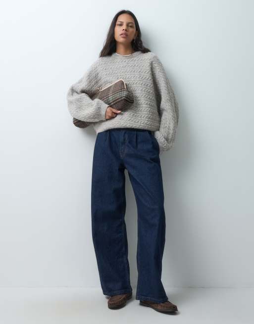 ASOS DESIGN crew neck batwing horizontal cable sweater in oatmeal, 2 of 5
