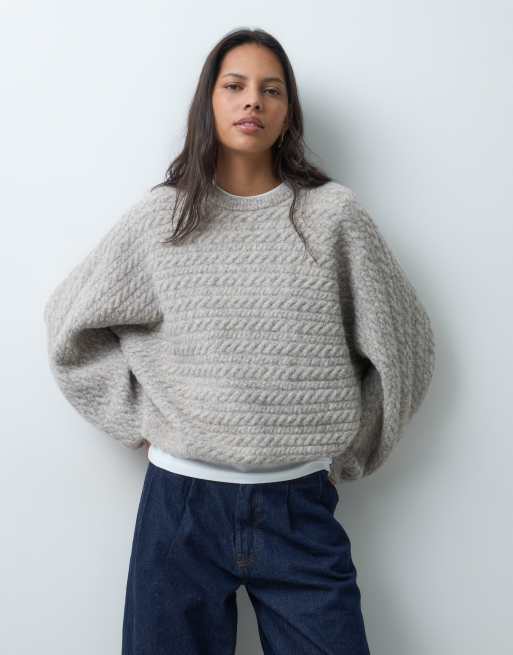 ASOS DESIGN crew neck batwing horizontal cable sweater in oatmeal, 4 of 5