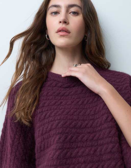 ASOS DESIGN crew neck batwing horizontal cable sweater in plum, 3 of 4
