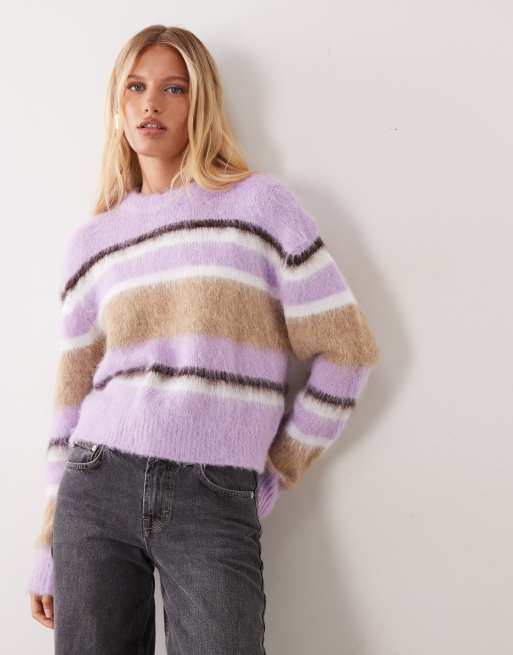 ASOS DESIGN crew neck boxy jumper in brushed stripe in lilac, 2 of 4