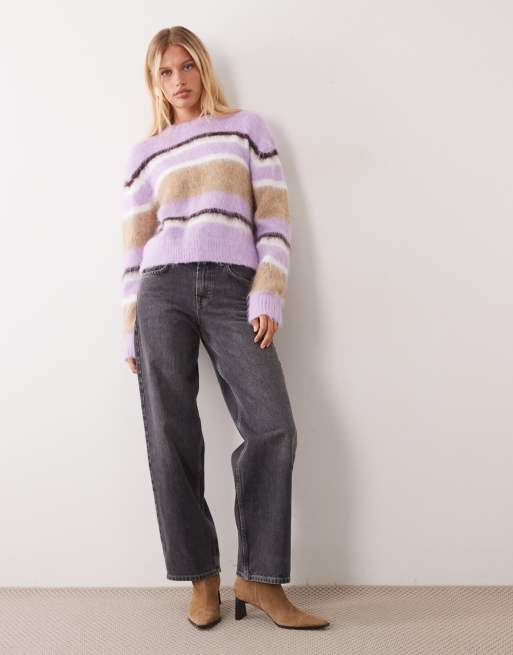 ASOS DESIGN crew neck boxy jumper in brushed stripe in lilac, 3 of 4