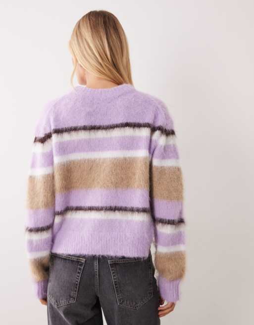 ASOS DESIGN crew neck boxy jumper in brushed stripe in lilac, 4 of 4