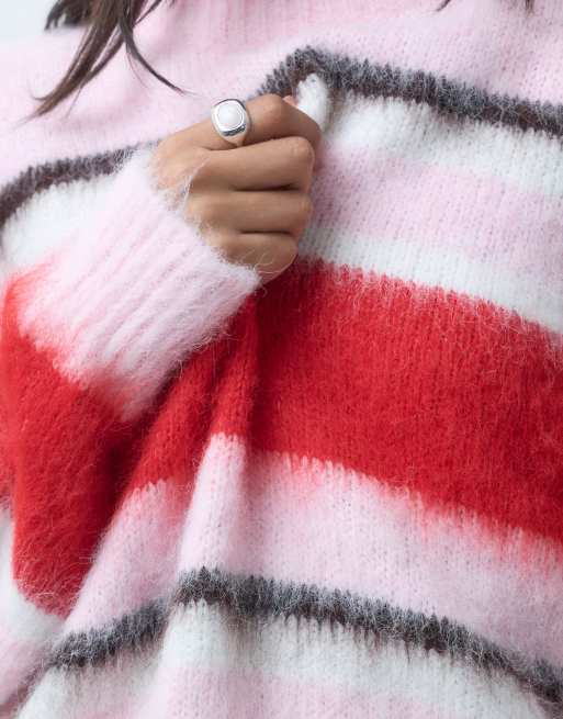 ASOS DESIGN crew neck boxy jumper in brushed stripe in pink, 3 of 4