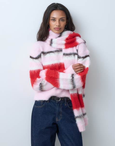 ASOS DESIGN crew neck boxy jumper & scarf in brushed stripe in pink - view 1