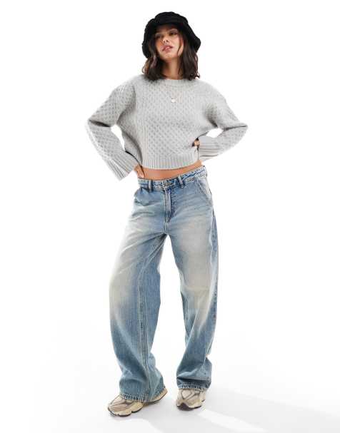 ASOS DESIGN crew neck boxy jumper with wide cuff in cable knit in grey - view 1