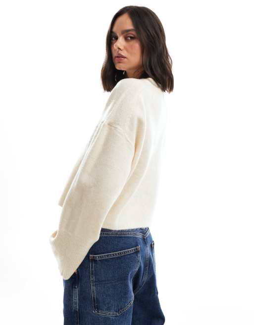 ASOS DESIGN crew neck boxy sweater with wide cuff in cream - part of a set