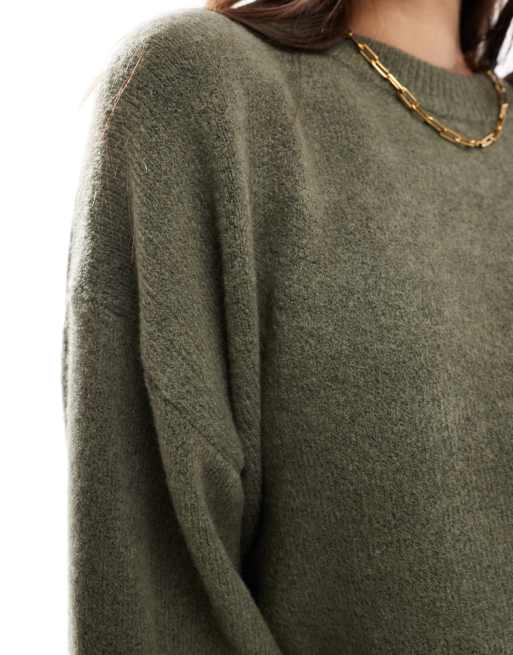 ASOS DESIGN crew neck boxy sweater with wide cuffs in khaki