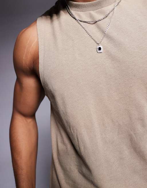 ASOS DESIGN crew neck boxy linen mix tank top in stone