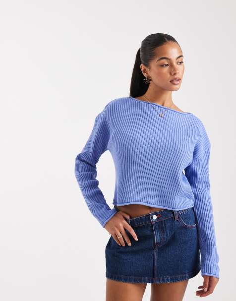 ASOS DESIGN crew neck boxy rib jumper with rolled edge in blue - view 1