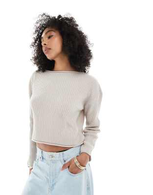 ASOS DESIGN crew neck boxy rib knit sweater with rolled edges in grey - view 1