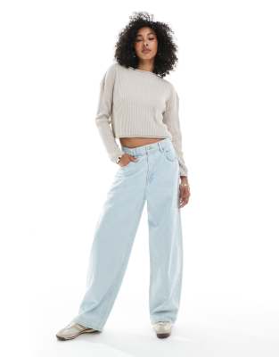 Asos Design Crew Neck Boxy Rib Knit Sweater With Rolled Edges In Neutral