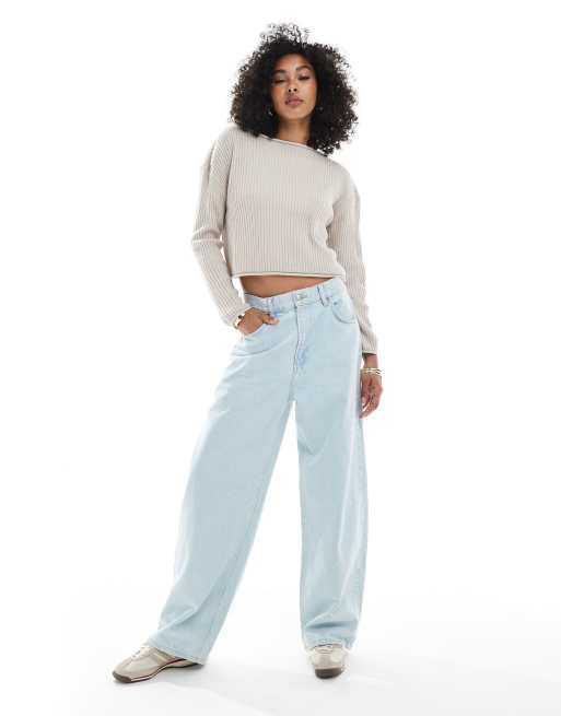 ASOS DESIGN crew neck boxy rib knit sweater with rolled edges in grey