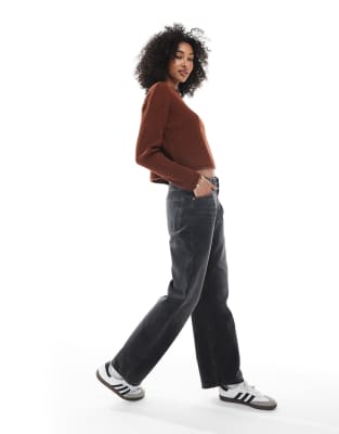 Asos Design Crew Neck Boxy Rib Knit Sweater With Rolled Edges In Brown