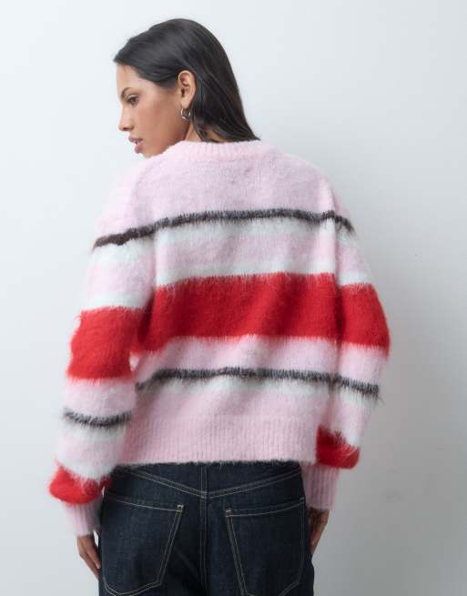 ASOS DESIGN crew neck boxy sweater in brushed stripe in pink, 4 of 4