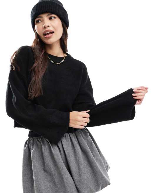 ASOS DESIGN crew neck boxy sweater with wide cuff in black